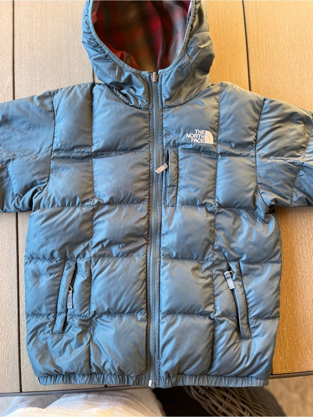 The North Face Kids Slate Blue Hooded Puffer Jacket reversible goose down